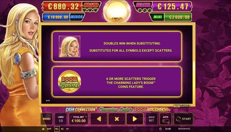 Cash Connection - Charming Lady's Boom Coins - Kuanza kwa mzunguko wa Boom Coins kwenye gridi ya 7x5